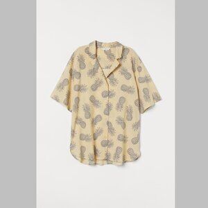 🍍 Linen Blend Resort Shirt - Pineapple Print - Button Down - Oversized Size XS